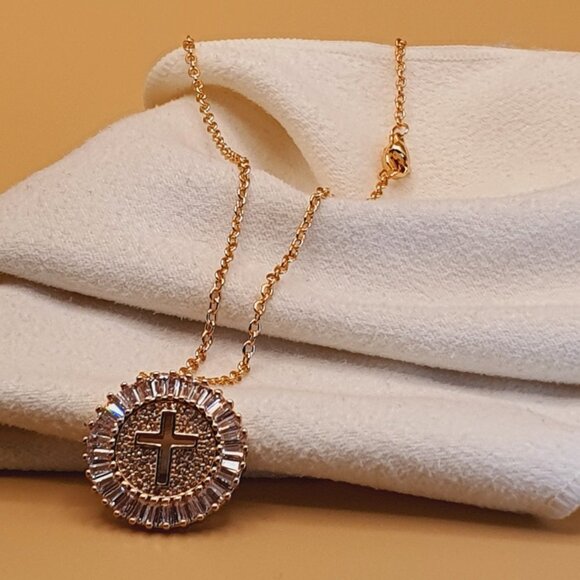 💎 Round Cross Carved CZ Full Filled 14K Gold Plated Dainty Necklace, INDN8639 - Picture 1 of 5